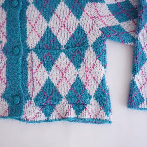 ZARA Argyle Knit Cardigan Teal Pink White Preppycore Soft Girl Y2K Aesthetic L - Picture 5 of 9